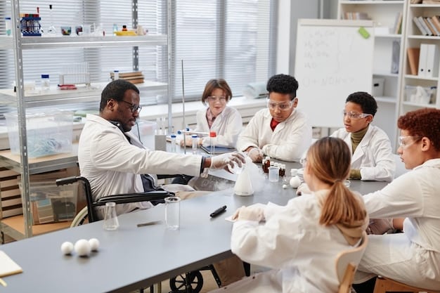 Students working together on a group project in a science lab. They are engaged and enthusiastic, demonstrating hands-on learning and teamwork.