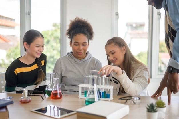 A diverse group of AE students participating in a hands-on science experiment, with one student carefully pouring a liquid into a beaker while others observe and take notes. The atmosphere is collaborative and engaging.