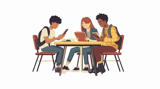 Three AE students sitting around a table, working together on a group project. They are enthusiastically discussing ideas and contributing individual parts to the collective effort. The table is covered with art supplies and project materials.