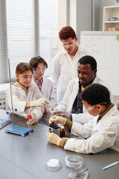 A diverse group of students gathered around a table, working collaboratively on a science experiment in a well-equipped laboratory. The students show excitement and engagement as they observe and discuss the results, highlighting the benefits of teamwork and hands-on learning in a tech-enhanced educational setting.