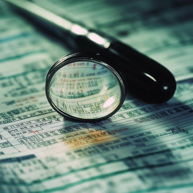 A close-up of a bank contract highlighting the terms related to variable interest rates and EIBOR, with a magnifying glass focusing on the details.