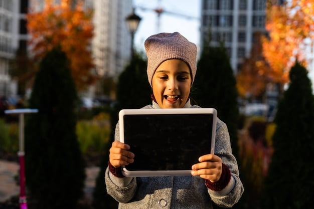 A young Emirati student wearing traditional clothing, smiling while interacting with an AI-powered educational app on a tablet. The app displays interactive learning modules and a virtual tutor.
