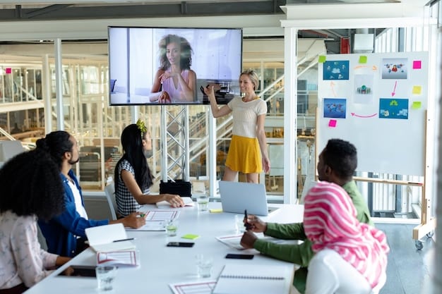 A diverse group of students in a co-working space in Abu Dhabi, collaborating on a project using a large interactive whiteboard supported by AI. The environment is modern and collaborative.