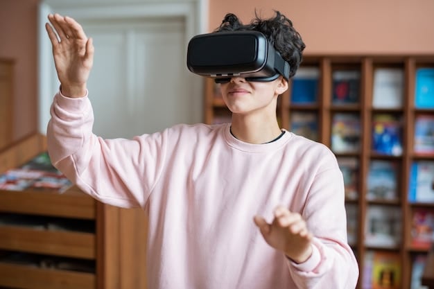 A single student wearing a VR headset, interacting with an AI tutor represented as a friendly avatar. The background shows a dynamic learning environment with real-time feedback displayed on a virtual screen.