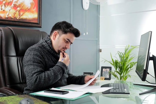 A person sitting at a desk with financial documents and a calculator, looking thoughtfully at a laptop screen displaying graphs and charts related to investment performance and tax implications. The setting should be an office, conveying professionalism and focus.