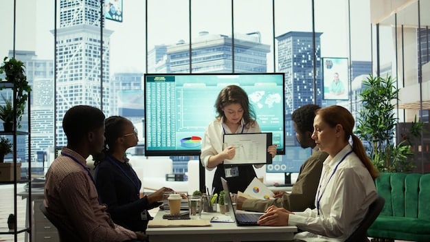 A diverse group of professionals in a modern office setting, collaborating over financial documents and computer screens, emphasizing teamwork and expertise in tax planning.