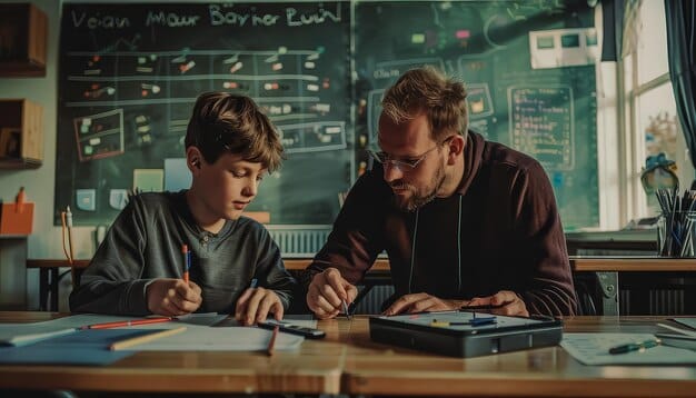A student in the AE receiving one-on-one tutoring in mathematics. The setting is a modern, bright study room with learning materials scattered around. The tutor is actively explaining a concept, and the student is engaged and focused.