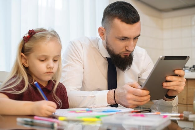 Parents in the AE discussing educational options and planning finances for their children's future. The setting is a modern living room with financial documents and brochures related to tutoring programs on the table.
