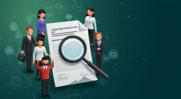 Illustration of 2026 Consumer Protection Act with magnifying glass and diverse consumers