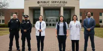 Diverse public service professionals in front of a government building