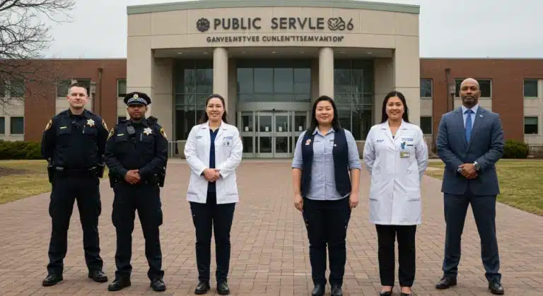 Diverse public service professionals in front of a government building