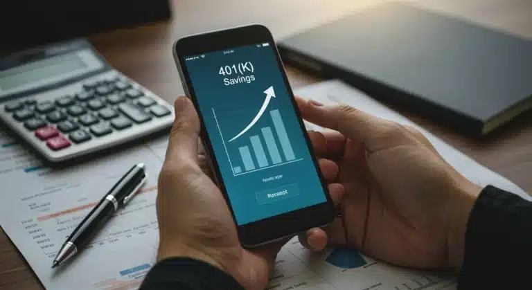 Hands using a financial app to track 401(k) growth in 2026