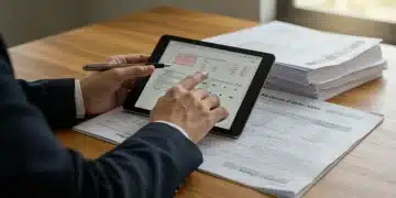 Person calculating student loan payments with a tablet and documents.