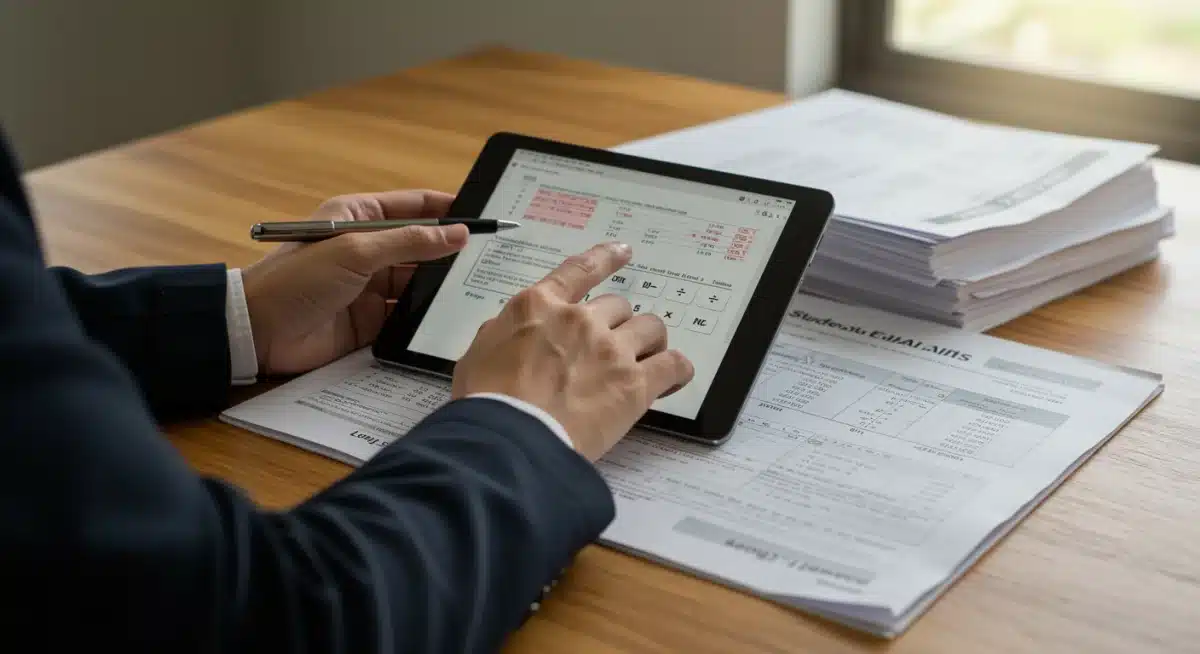 Person calculating student loan payments with a tablet and documents.