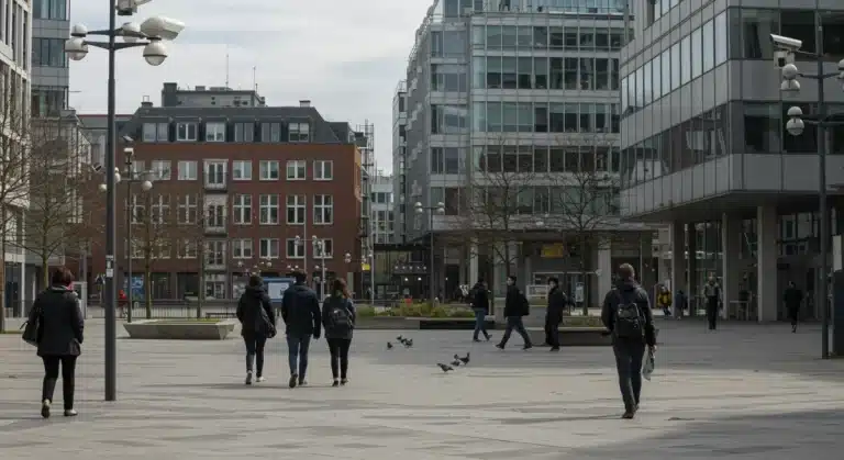 People in a city square under surveillance, illustrating public privacy
