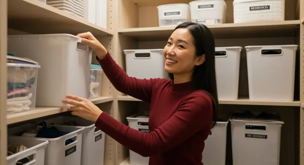Person organizing closet with labeled storage bins