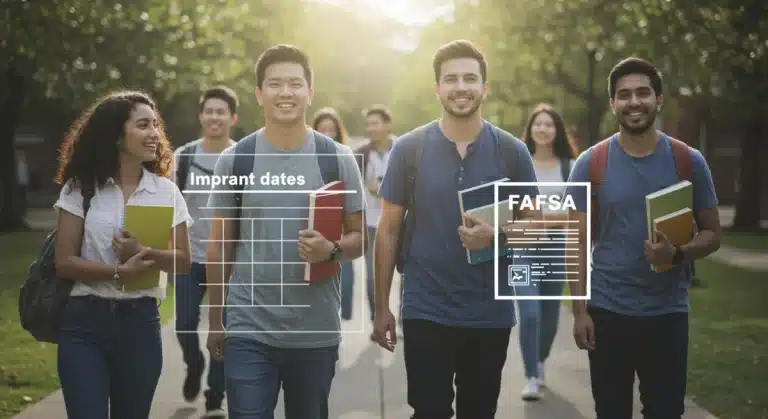College students walking on campus with FAFSA form overlay, symbolizing financial aid deadlines.