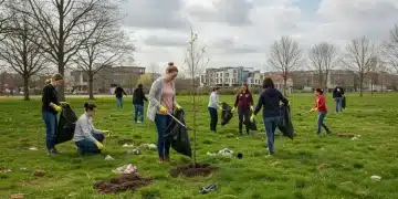 Community members cleaning a park, advocating for a clean environment.