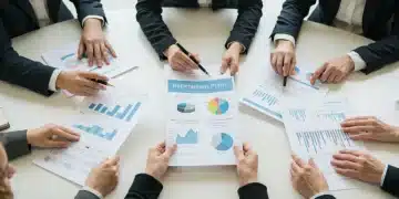 Group comparing retirement plan documents and financial charts.