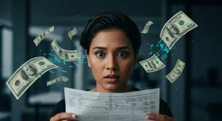 Confused person reviewing complex financial statement with hidden fees