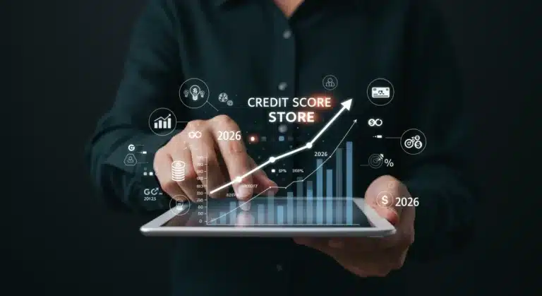 Digital credit score graph showing an upward trend, symbolizing financial growth and smart decisions in 2026.