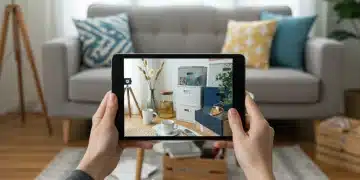Woman digitally documenting home valuables on a tablet in a modern living room