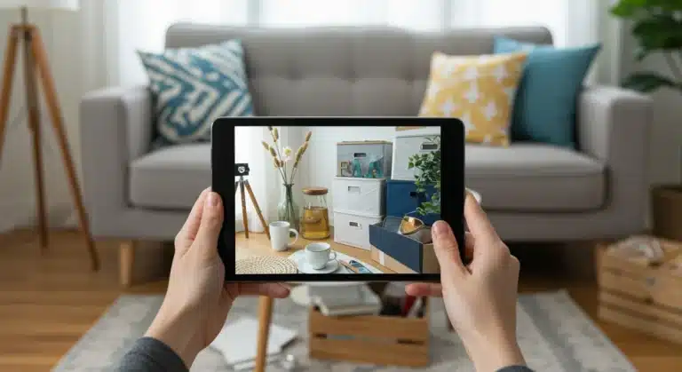 Woman digitally documenting home valuables on a tablet in a modern living room