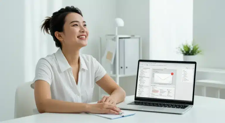 Serene person at a clean desk with an empty email inbox on a laptop, symbolizing digital peace and efficiency in 2026.