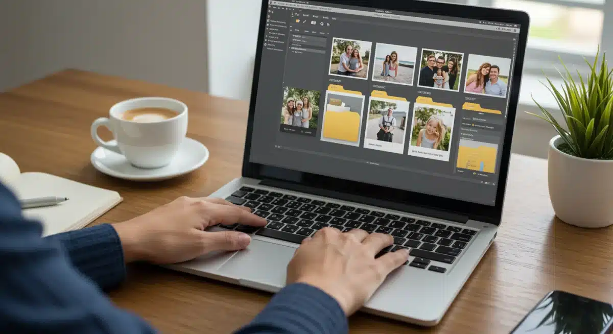 Person meticulously categorizing digital photos on a laptop
