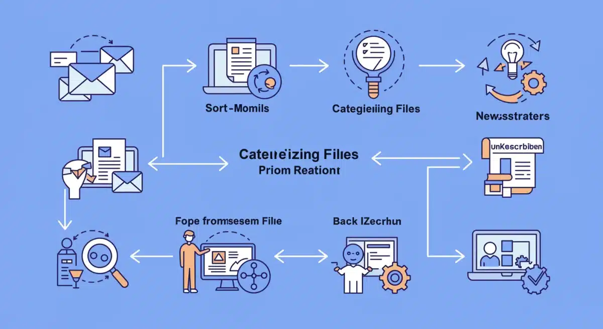 Digital workflow illustration with icons for email sorting, file categorization, unsubscribing, and data backup.