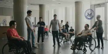 Diverse individuals engaging in activities within an accessible community center, symbolizing federal disability support.