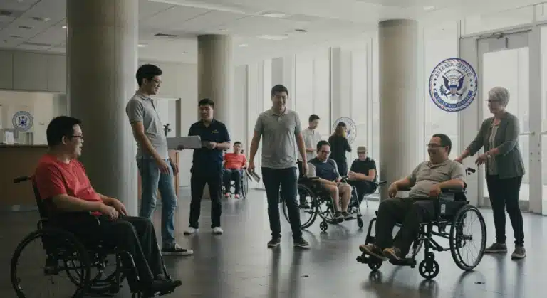 Diverse individuals engaging in activities within an accessible community center, symbolizing federal disability support.