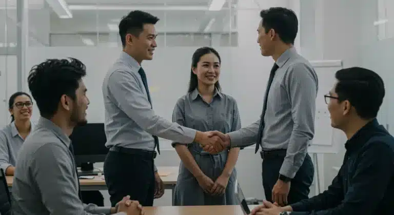 Diverse employees discussing religious accommodations in a modern office