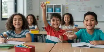 Federal Aid for 2026 K-12: Funding Increases Analyzed Diverse students in a modern classroom, symbolizing federal aid impact on K-12 education