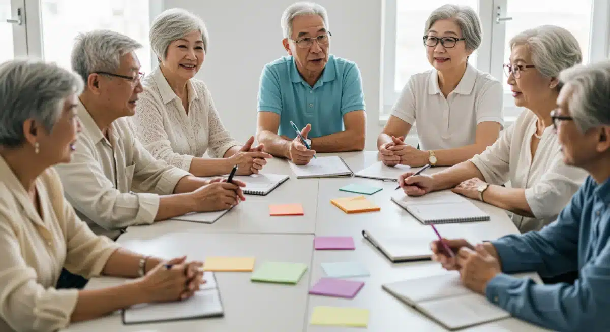 Diverse elderly group actively discussing rights and care in a workshop