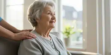 Elderly woman smiling serene in safe home environment with caregiver support