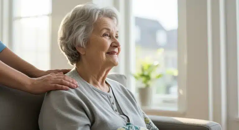 Elderly woman smiling serene in safe home environment with caregiver support