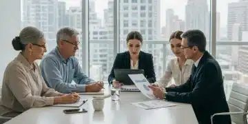 Diverse individuals discussing estate planning documents with a financial advisor.