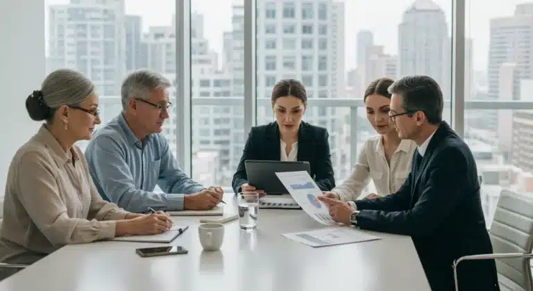 Diverse individuals discussing estate planning documents with a financial advisor.