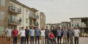 Diverse community standing in front of an apartment building, symbolizing fair housing.