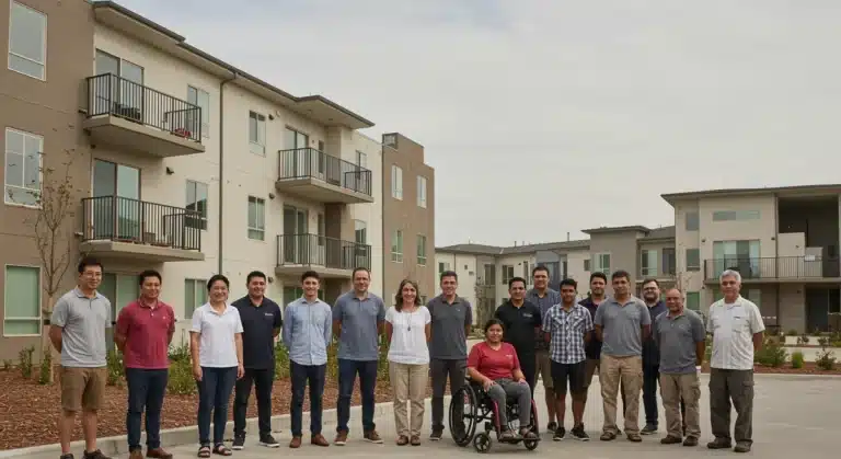 Diverse community standing in front of an apartment building, symbolizing fair housing.