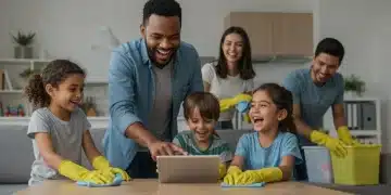 Family collaborating on chores in a modern, organized living room with smart delegation tools.