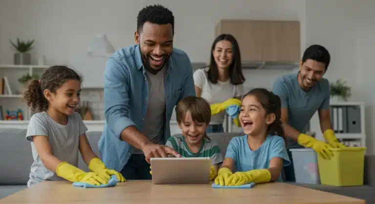 Family collaborating on chores in a modern, organized living room with smart delegation tools.