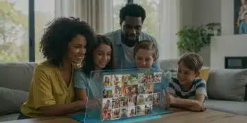 Family viewing organized digital photo album on transparent tablet