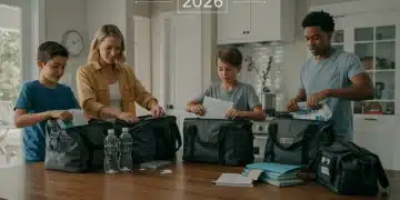 Family preparing emergency go-bags, organizing supplies