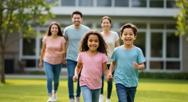 Happy family enjoying outdoor activity, symbolizing public health benefits.