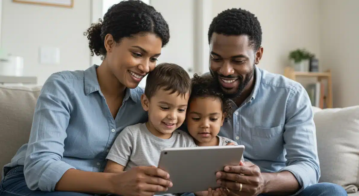 Family researching federal child care subsidy programs online