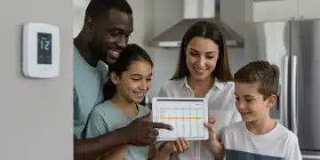 Family reviewing utility savings on a tablet with smart home devices