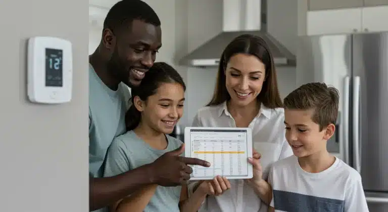 Family reviewing utility savings on a tablet with smart home devices