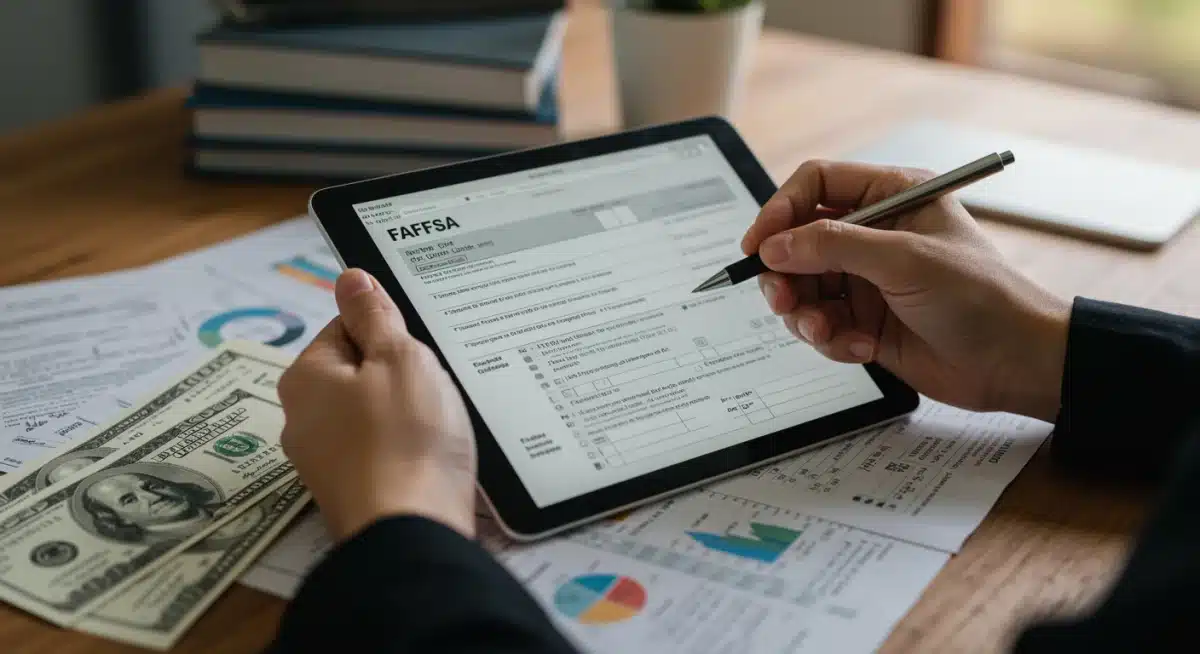 Person filling out FAFSA form on tablet with tax documents.